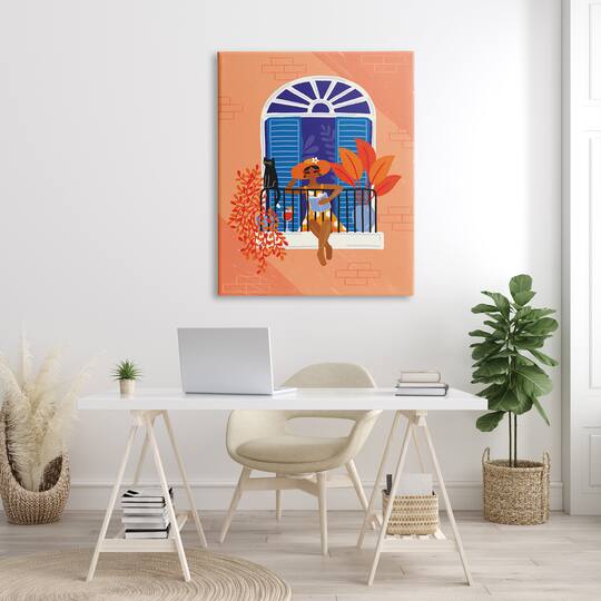 Stupell Industries Woman Reading Balcony Perched Cat Tropical Plants Canvas Wall Art